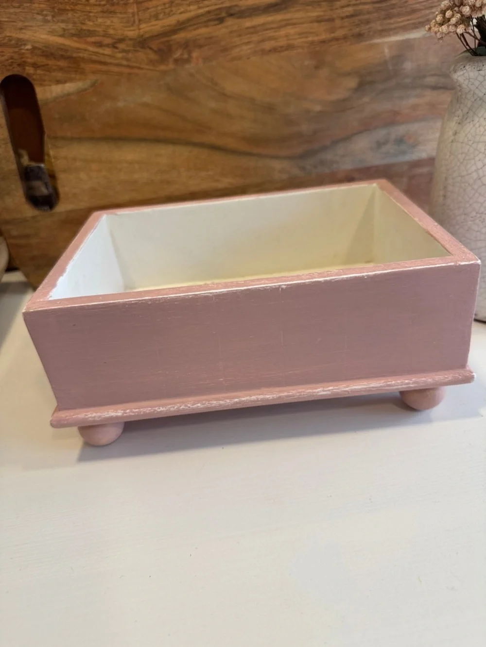 Decorative Painted Wooden Trinket Box or Catch All in Pale Pink and Cream